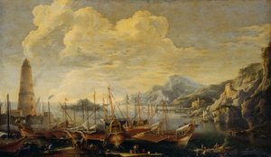 Zeegezicht met vuurtoren door Salvator Rosa